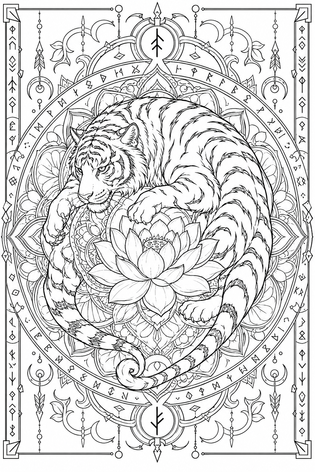 Tiger Spirit Lotus Mandala Coloring Page