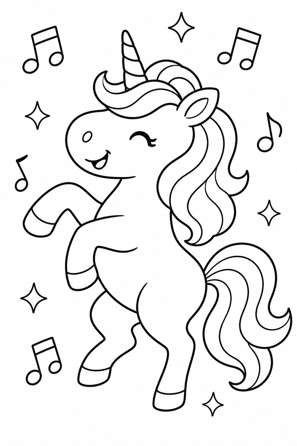 Unicorn Coloring Page for Kids – Dancing Unicorn with Music Notes