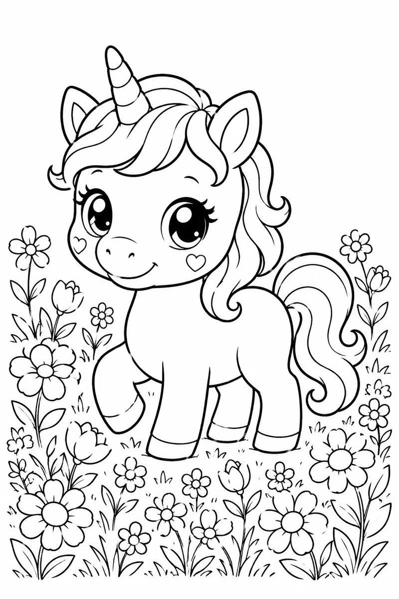 Baby Unicorn Coloring Page in a Flower Meadow