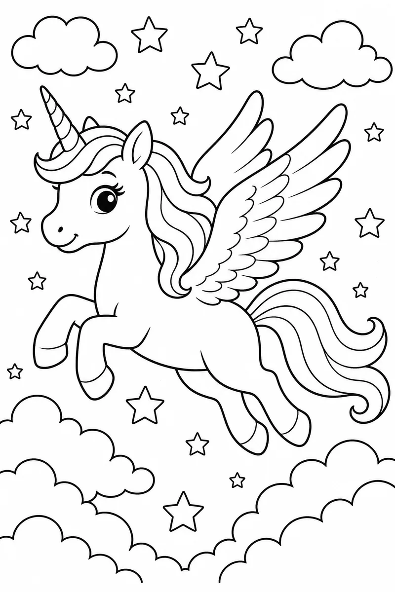 Flying Unicorn Coloring Page – Winged Unicorn with Stars