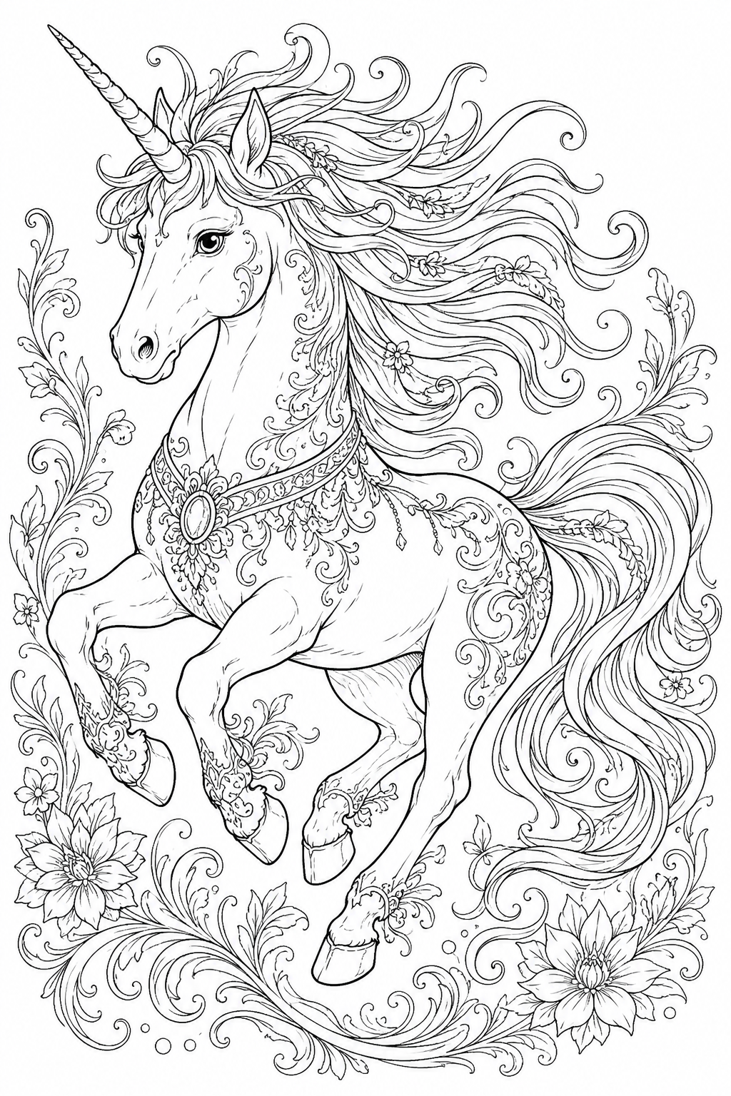 Galloping Unicorn with Flowing Mane Coloring Page