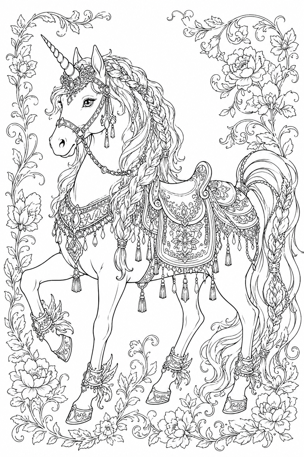 Realistic Unicorn Coloring Page – Royal Unicorn with Ornate Saddle