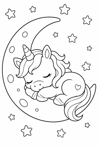 Cute Unicorn Coloring Page – Sleeping Unicorn on a Crescent Moon