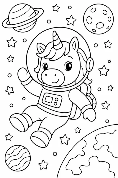 Astronaut Unicorn in Space Coloring Page