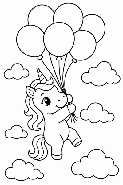 Unicorn Floating with Balloons Coloring Page