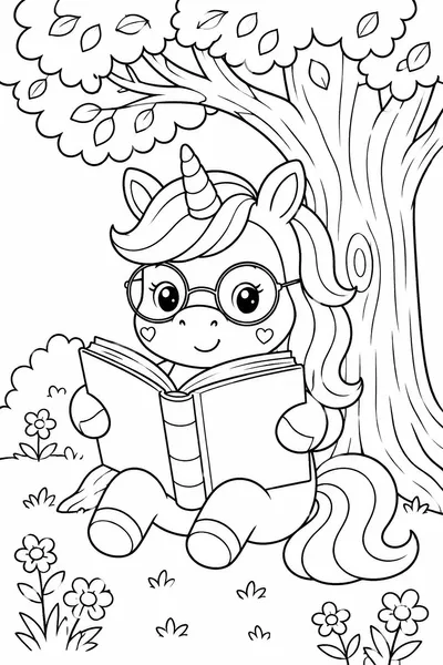 Unicorn Coloring Book Page – Unicorn Reading Under a Tree