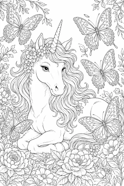 Unicorn with Butterfly Friends Coloring Page