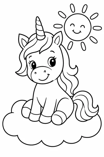 Unicorn on a Cloud with Happy Sun Coloring Page