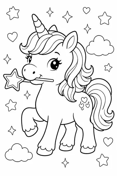 Unicorn with a Magic Star Wand Coloring Page