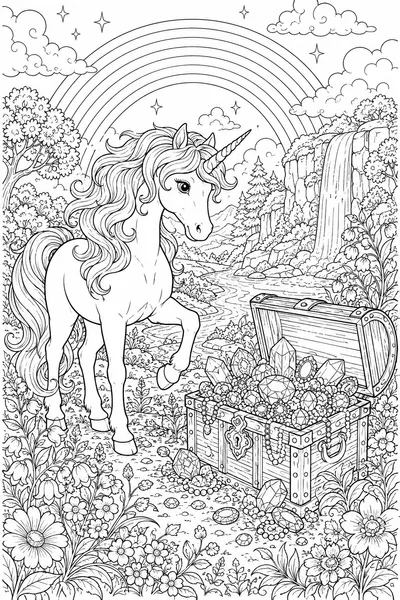 Unicorn Finding Rainbow Treasure Coloring Page