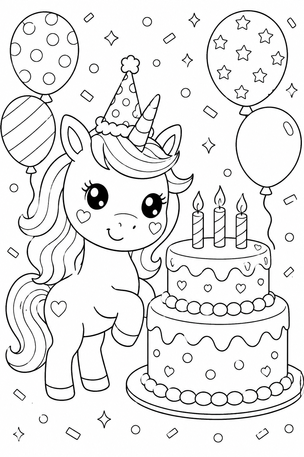 Unicorn Cake Coloring Page – Birthday Unicorn with Balloons