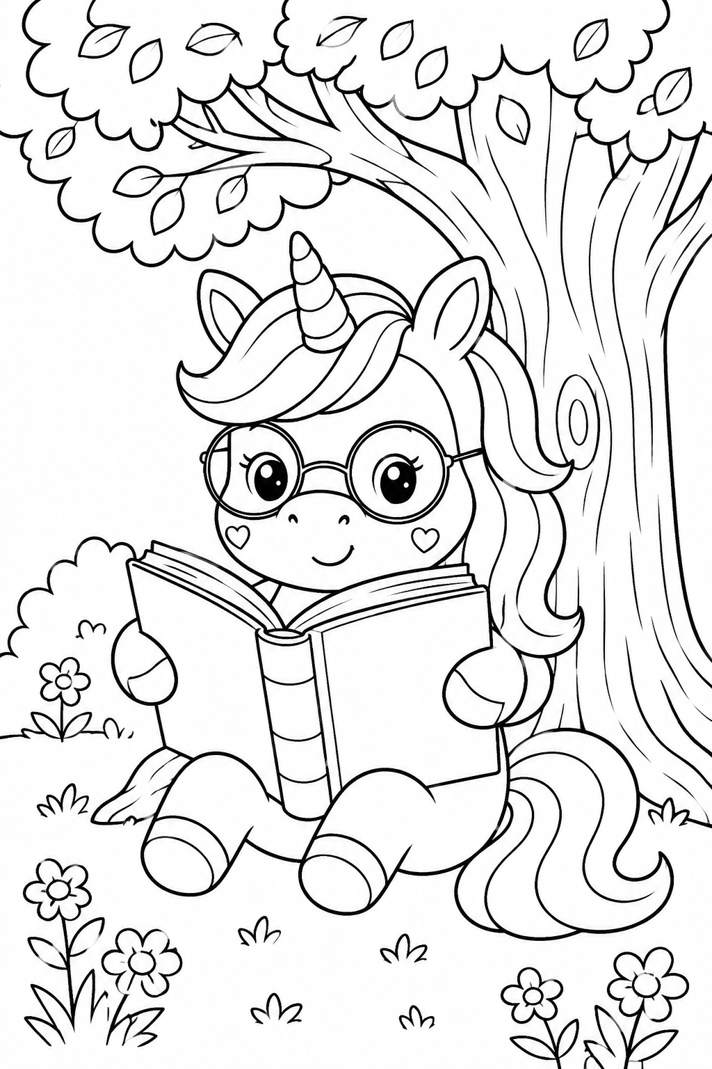 Unicorn Coloring Book Page – Unicorn Reading Under a Tree