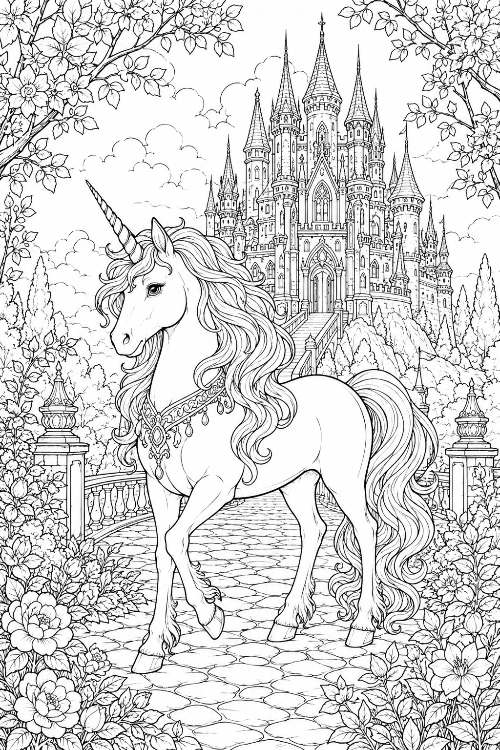 Unicorn at a Fairy Tale Castle Coloring Page