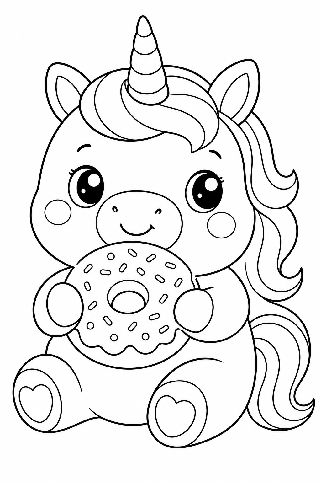 Unicorn Donut Coloring Page – Chubby Unicorn with a Donut