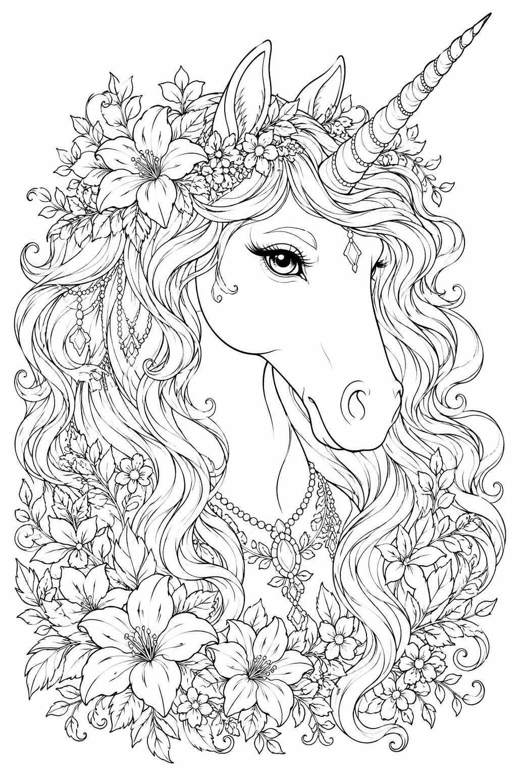 Beautiful Unicorn Coloring Page – Unicorn Head with Flowers