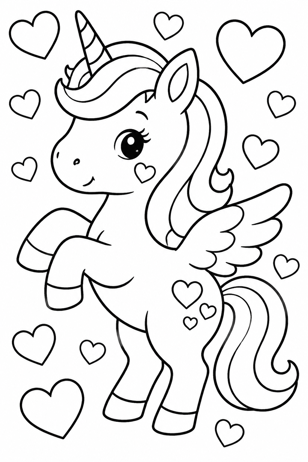 Unicorn with Wings Coloring Page – Hearts and Wings