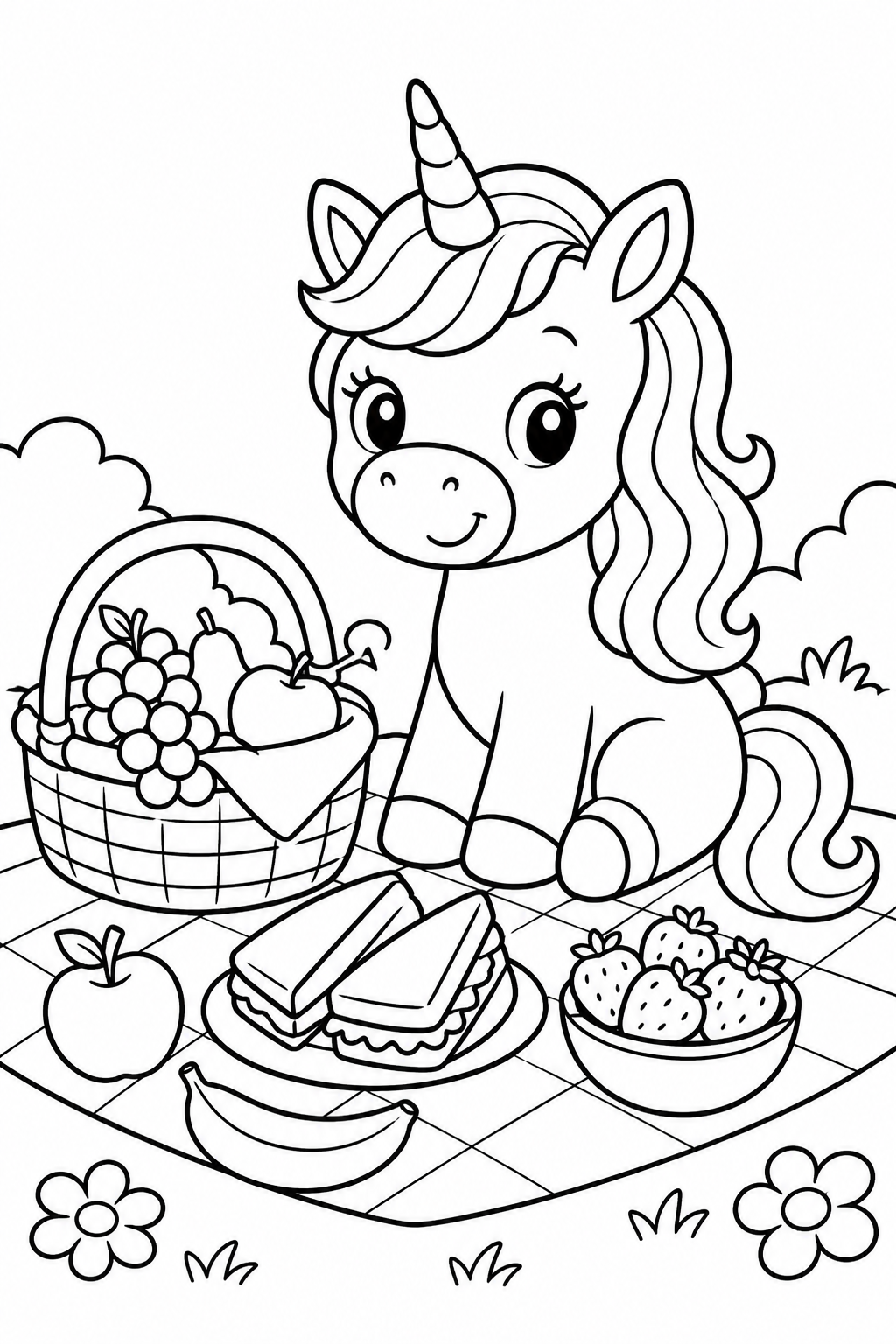 Unicorn Picnic Coloring Page