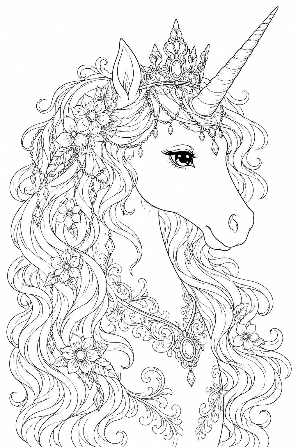 Unicorn Princess Coloring Page – Flowing Mane and Royal Crown