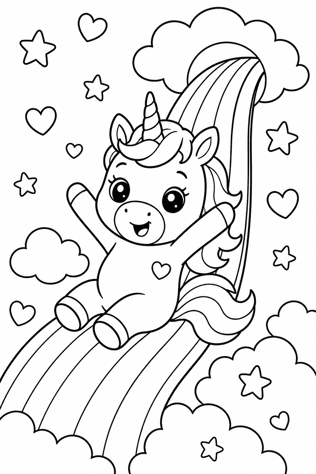 Rainbow and Unicorn Coloring Page – Sliding Down the Rainbow