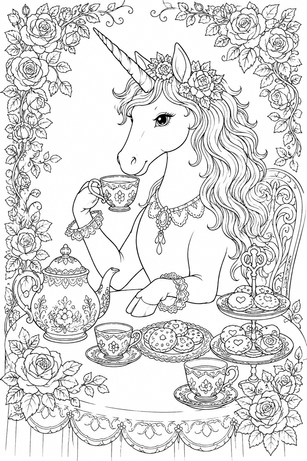 Unicorn Tea Party Coloring Page