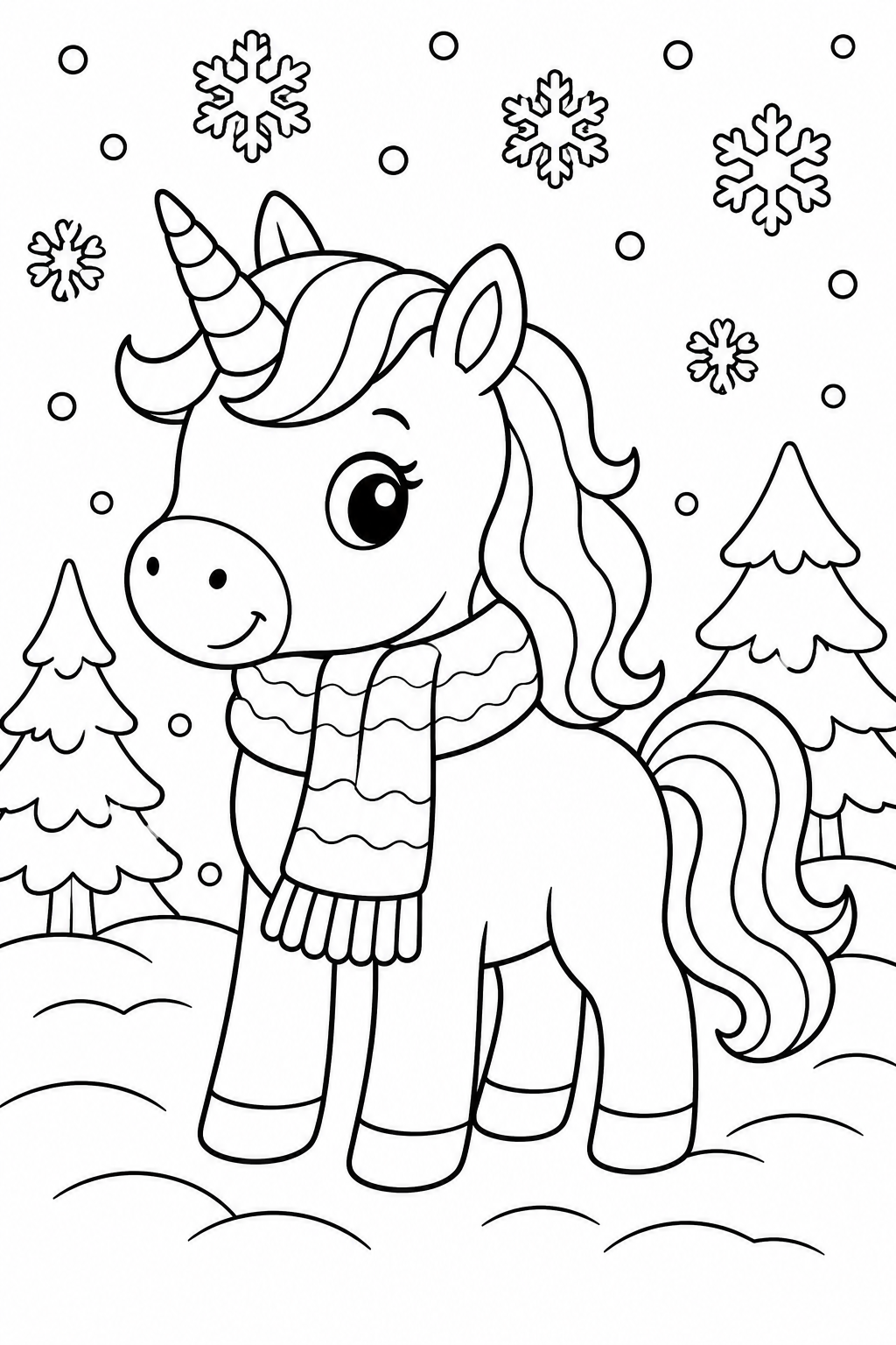 Winter Unicorn with Cozy Scarf Coloring Page