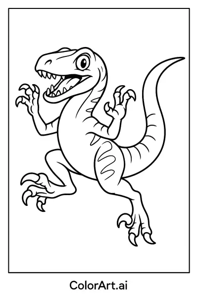 Página para Colorear de un Dino Velociraptor Alegre y Enérgico  