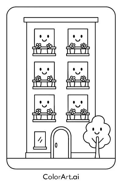 Página para colorear: Ventanas sonrientes y paredes caprichosas