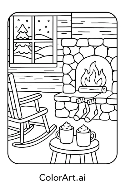 Una página para colorear de chimenea de invierno acogedora
