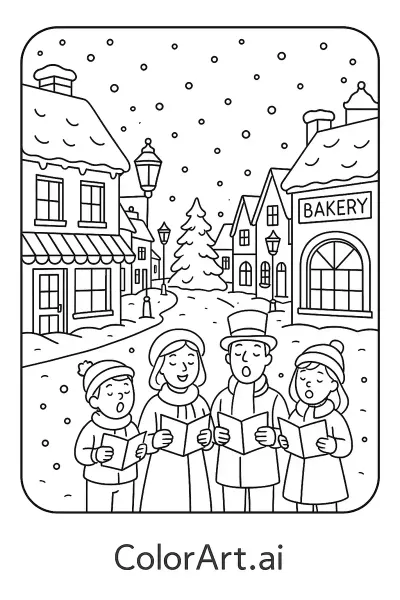 Página de Colorear de Villancicos Gratis en un Acogedor Pueblo Navideño