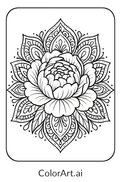 Una Mandala, página para colorear floral que florece como una peonía