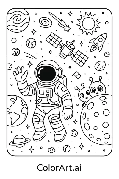 Esta encantadora página para colorear de ciencia espacial lleva a los niños en una aventura galáctica donde la curiosidad se encuentra con la creatividad. En el centro flota un simpático astronauta, saludando desde el espacio exterior, vistiendo un detallado traje espacial con botones, tubos y un casco liso. Detrás de él pasa rápidamente un cohete, listo para su lanzamiento, mientras un gran satélite orbita calmadamente con sus paneles solares cuadrados extendidos. Varios planetas de diferentes tamaños y patrones rodean la escena, incluyendo la Tierra con sus continentes reconocibles, un planeta anillado similar a Saturno, un gigantesco planeta gaseoso y mundos ficticios coloridos. A lo lejos, brillantes estrellas titilan a través del cielo oscuro, y un alegre sol brilla con picos radiantes.