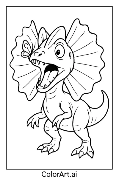 Una página para colorear del dinosaurio Dilophosaurus en un estilo de dibujos animados, juguetón y expresivo  