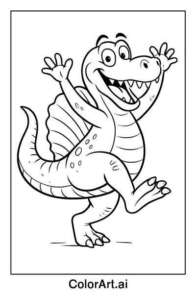 Una página para colorear de un cocodrilo dinosaurio con dibujos animados alegre.  