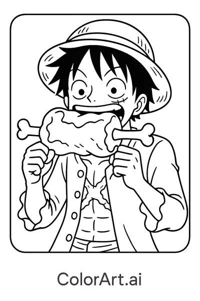 Página para colorear de Luffy comiendo carne
