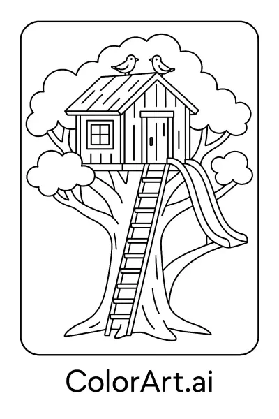 Página para colorear: Casa del árbol enclavada entre las ramas  