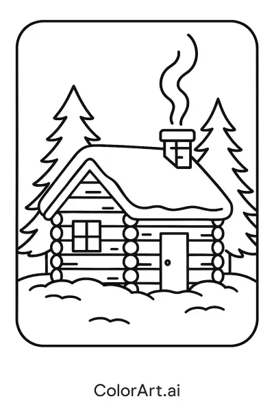 Una acogedora cabaña en una página para colorear de un país de las maravillas invernal  