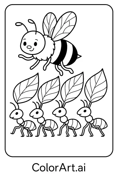 La página para colorear de la Abeja Escolar y las Hormigas