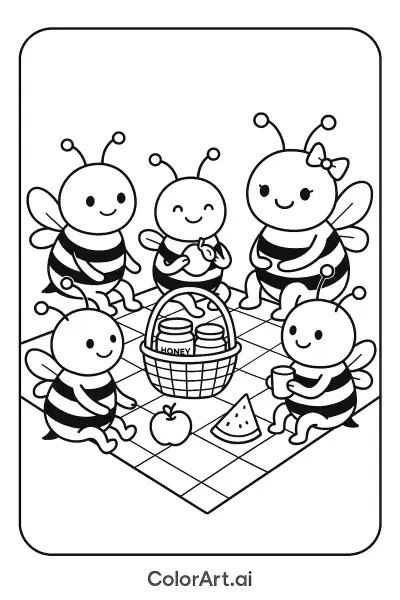 Aventura de Picnic de Abejas: Página de Colorear de Interacciones Ambientales para Niños