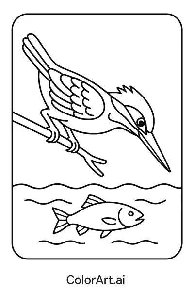 Una página para colorear de un martín pescador pescando