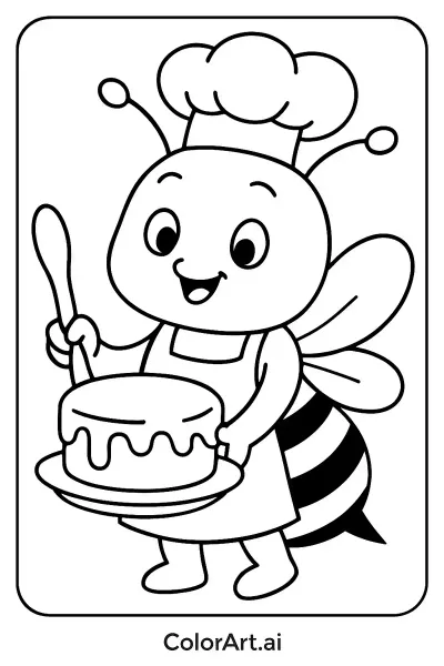 Página para colorear de una abeja pastelera cocinando un pastel