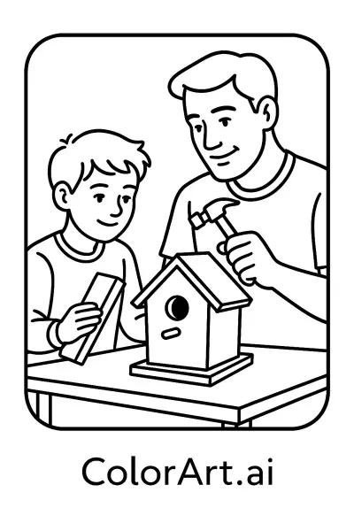 Construyendo una casita de pájaros en la página para colorear del Día del Padre  