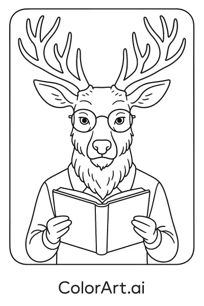 Página para Colorear de Viejo Doctor Ciervo Leyendo un Libro  