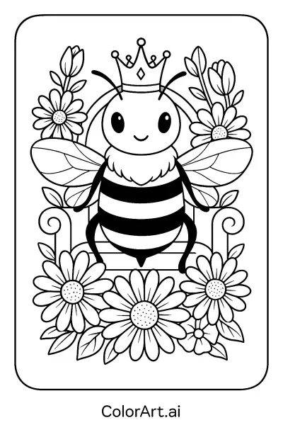 La Página para Colorear de la Abeja Reina Feliz