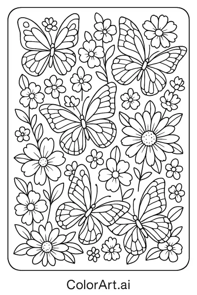 Página Para Colorear de Insectos, Mariposas y Flores