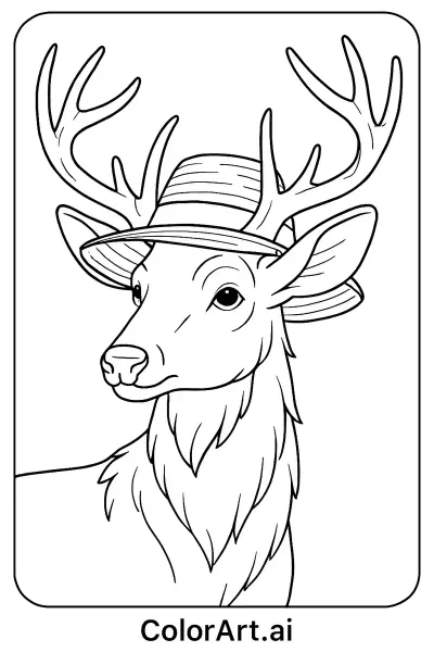 Página para colorear de un majestuoso ciervo luciendo un sombrero de paja  