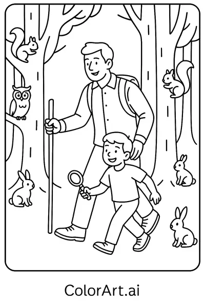 Experimenta la Naturaleza y el Vínculo en Esta Página para Colorear del Día del Padre El Día del Padre es un momento perfecto para celebrar el vínculo especial entre los padres y sus hijos. Una manera significativa de honrar esta relación es a través de actividades creativas como una página para colorear del Día del Padre que capture momentos de exploración y convivencia. Esta página para colorear en particular presenta a un padre y su hijo disfrutando de una caminata por la naturaleza, rodeados de animales del bosque, lo que la convierte en una página para colorear ideal para el Día del Padre y la diversión familiar. En esta página para colorear del Día del Padre, un padre lleva un bastón de senderismo mientras su hijo sostiene una lupa, descubriendo con entusiasmo las maravillas del bosque. A su alrededor, animales curiosos como ardillas, conejos y un búho aportan encanto y emoción a la escena. Las líneas claras y los espacios abiertos hacen que esta página para colorear sea agradable y accesible para niños de todas las edades. Esta página para colorear del Día del Padre ilustra perfectamente el valor de pasar tiempo de calidad al aire libre, aprendiendo y creciendo juntos. Las aventuras en la naturaleza brindan una maravillosa oportunidad para que los papás se conecten con sus hijos, fomentando la curiosidad y el amor por el medio ambiente. Colorear esta escena no solo despierta la creatividad, sino que también fomenta conversaciones sobre la vida silvestre y la importancia de cuidar la naturaleza. Al colorear esta página del Día del Padre, intenta usar verdes y marrones terrosos para dar vida al bosque. Los colores brillantes pueden resaltar los animales, haciéndolos destacar entre los árboles. Vestir al padre y al hijo con colores contrastantes añadirá más profundidad y diversión a la imagen, haciéndola aún más atractiva para colorear. Esta página para colorear es perfecta para familias que buscan combinar la creatividad con un tiempo de unión significativo este Día del Padre. Es adecuada para niños de diversas edades y ofrece a los padres la oportunidad de conectarse, enseñar y crear recuerdos duraderos. Ya sea utilizada como parte de una manualidad del Día del Padre o como un regalo reflexivo, esta página para colorear del Día del Padre captura la esencia del amor y el descubrimiento. En conclusión, esta página para colorear del Día del Padre proporciona una manera encantadora de celebrar a los padres a través del arte y la naturaleza. Toma tus herramientas de coloreo y disfruta de esta actividad que acerca a las familias mientras honra el papel especial que desempeñan los padres. Es un maravilloso recordatorio de que a veces el mejor regalo es simplemente pasar tiempo y explorar el mundo juntos.