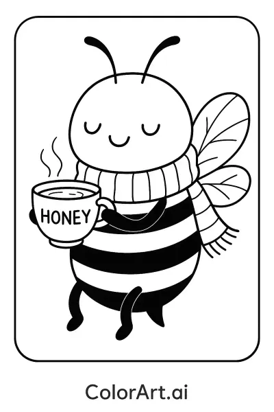 Una abeja disfrutando de una taza de miel Página para colorear