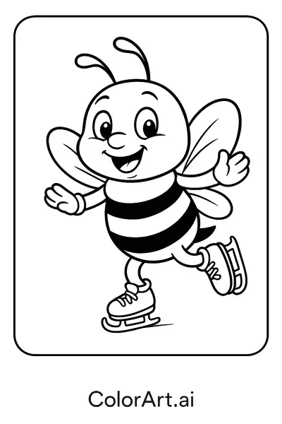La alegre página para colorear de patinaje sobre hielo de la abeja