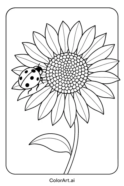 Girasol y Mariquita: Una Asociación Natural en Página para Colorear  