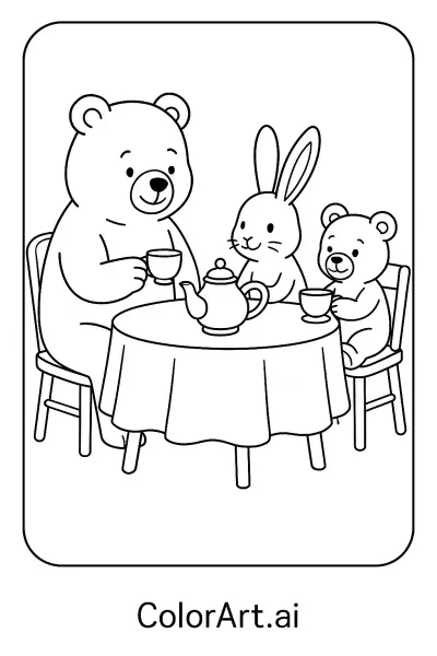 Tea Times: Los Osos Exploran la Armonía Social con Amigos Peludos Página para Colorear
